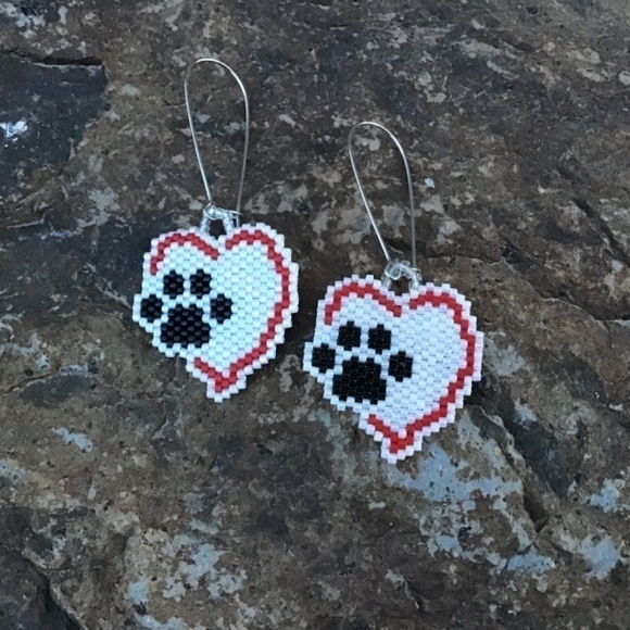 Black, White and Red Puppy Love Heart Beaded Earrings, New, Handmade by Me - Picture 3 of 5